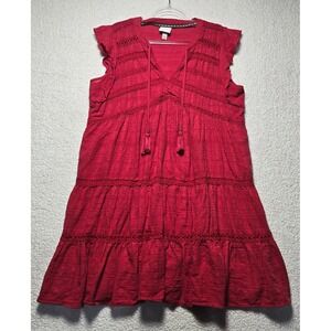 Knox Rose Red Cotton Gauze Tiered Mini Dress XXL Boho Crochet Lace Tassel V-Neck